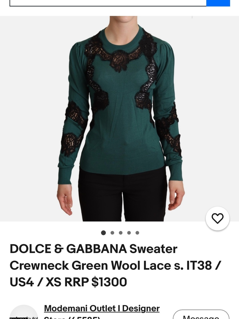 Dolce & Gabbana Emerald Green Wool Crewneck Sweater with Black Lace Appliqué